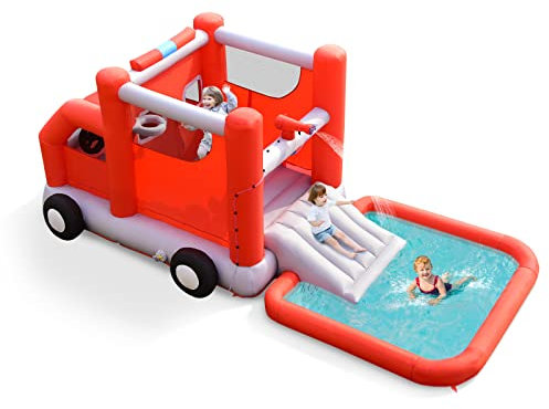 DREAMADE Château Gonflable sur Le Thème du Camion de Pompier pour 3-4 Enfants 3-10 Ans avec Cabine, Toboggan, Piscine, Panier de Basket, 596,5 x 230 x 213cm Charge Max. 136kg (sans Gonfleur)