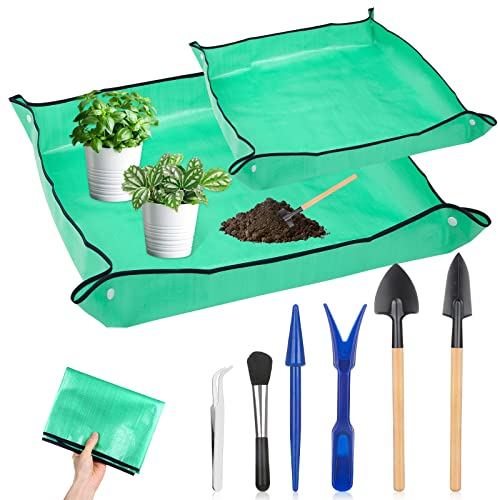 Pflanzen-Umtopfmatte für Garten, 2 Stück, wasserdichte Blumenmatte, faltbare Pflanzenmatte, Blumentablett mit 6 Mini-Gartenwerkzeug-Set für Pflanzenliebhaber, Gartenarbeit