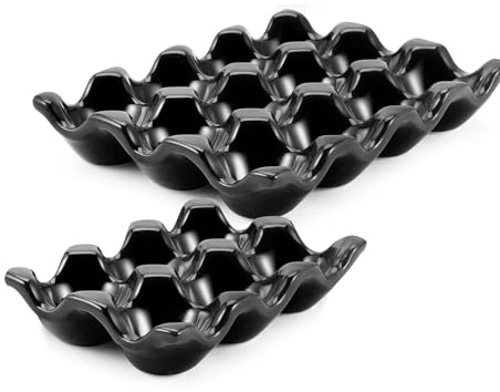 Flexzion 12 + 6 Cups Ceramic Egg Holder for Fridge - 18 Porcelain Egg Tray Container Keeper Storage Organizer Decorative Serving Stand Serveware for Refrigerator Countertop Display Kitchen (Black)