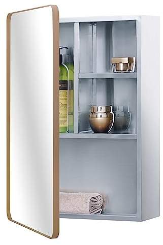 Stainless Steel Mirror Cabinet for bathroom with Rose Golden Framed Door, multi shelves,37x53 cm (15 x 21 inch)