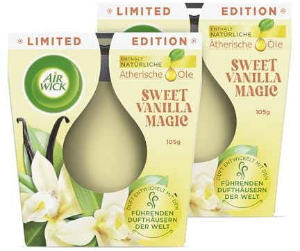 Air Wick Vela aromática en tarro de cristal, aroma dulce de vainilla mágica, hasta 20 horas de combustión, contiene aceites esenciales naturales, juego de 2 velas