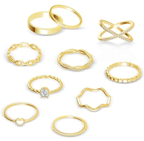 ALEXCRAFT 10 Stück Ringe Damen Gold 14 Karat Vergoldet Ring Set 54MM