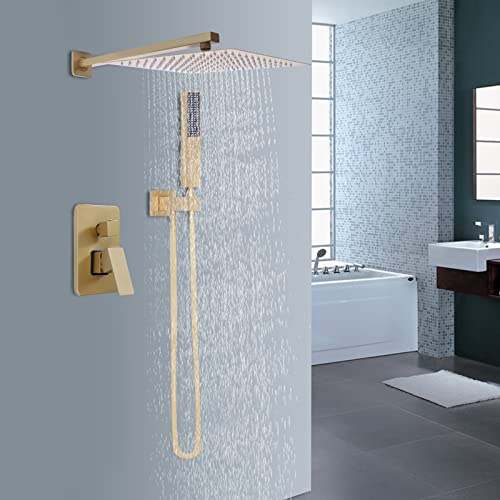Ensemble de douche encastré, doré brossé, 30,5 cm, système de douche avec pommeau de douche, douchette, 2 modes de douche, fixation murale en laiton, pour baignoire