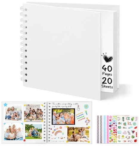 DazSpirit Fotoalbum zum Selbstgestalten, 6-inch Fotobuch zum Einkleben, Quadratisches Hardcover-Scrapbook und Gästebuch Geburtstag für Abschluss, Hochzeit, Babys, mit 5 Aufkleber, 40 Seiten, Weiß