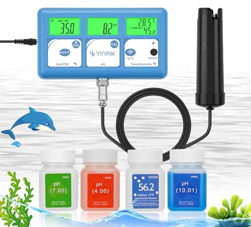 YINMIK pH Messgerät Salz Aquarium, All-in-One pH-TDS-Salz Temperatur Luftfeuchtigkeit, Continuous pH SALZ Monitor mit WiFi Fernbedienung für Hydrokulturen, Aquarien und Pools
