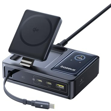 Baseus NOMOS 5 in 1 Ladestation, 140 W USB-C Ladegerät mit 15 W Qi2.0 MagSafe Ladegerät, Typ C Einziehbares Kabel, 2*USB-C & 1*USB-A Schlüsse und Digitale Anzeige, für iPhone 16/15, MacBook & Surface