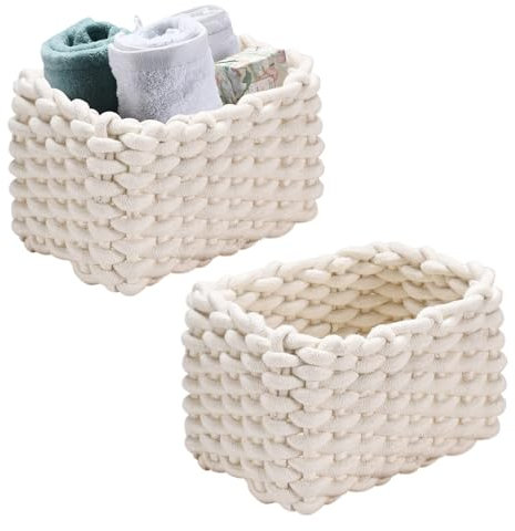 Panier Rangement, 2 Pcs Paniers de Rangement en Coton Tressé, 19x15x12cm Boîte de Rangement, pour Chambre, Maquillage et Salle de Bain(Blanc)