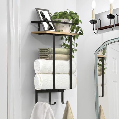 Luxspire Towel Rack Wall Mounted, Bathroom Towel Storage with Wooden Floating Shelf & 3 Hooks, Wall Mounted Towel Holder, Black + Wood