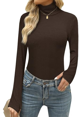Terecey Camiseta Térmica Mujer Manga Larga Cuello Alto Ajustada Marrón