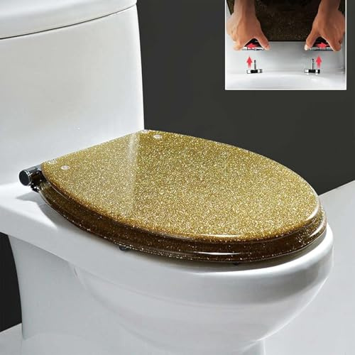 Siège de toilette à fermeture douce avec libération rapide, design rond à paillettes brillantes, montage fixe en haut/bas pour un nettoyage facile, fermeture douce et confortable pour une utilisation