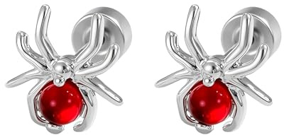20g Spider Flat Screw Back Stud Earrings, Titanium Steel Silver Plated with Colorful Stone – Punk Gothic Cartilage Jewellery Women & Men, Halloween Party & Tragus Piercing