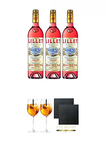 Lillet Rose Weinaperitif Frankreich 3 x 0,75 Liter + Scavi & Ray Wein Glas 2 Stück + Schiefer Glasuntersetzer eckig ca. 9,5 cm Ø 2 Stück
