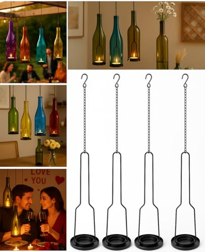 AceList 4 pakes Wrought Iron Hanging Candelabra, Matte Black Finish Decorative Candle Holder for DIY Lighting Wine Bottle Jar Perfect DIY Birthday Gift Party Lantern Lamp Garden Porch