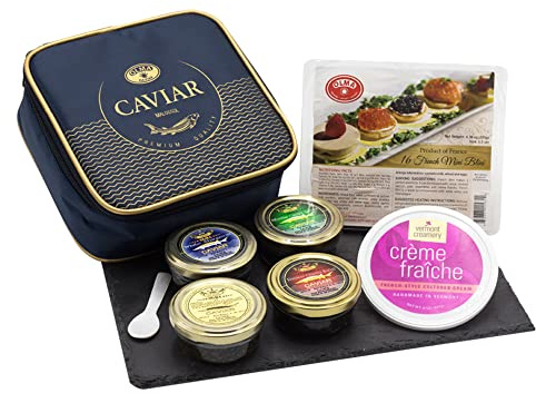 OLMA Supreme Caviar Gift Set - 8 oz (224g) of Caviar, Includes Beluga, Osetra, White Sturgeon, Siberian Osetra Aurora, Serving Spoon & Blinis - Superior Grade Fresh Roe Fish Eggs