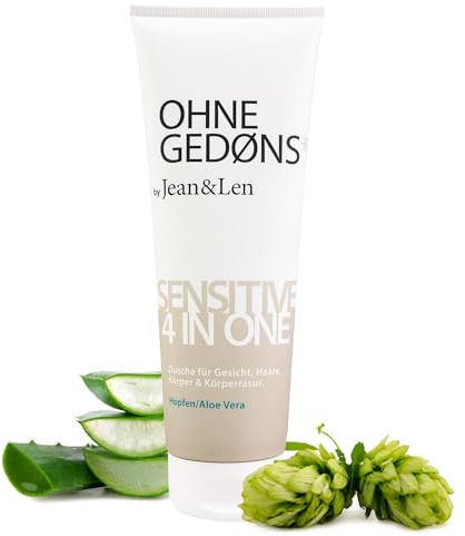 Jean & Len Sensitive 4in1 Duschgel Hopfen & Aloe Vera, für Gesicht, Haare, Körper & Körperrasur, sanfte Inhaltsstoffe verwöhnen Haut & Haare, ohne Parabene & Silikone, Duschgel vegan, 250 ml