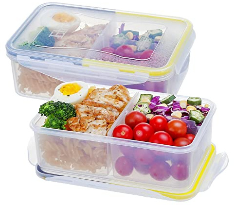 EASYLOCK 2 Pack 1150ML Microwavable Bento Lunch Box with 3 Compartments Plastic Food Storage Containers with Lids Meal Prep Containers Reusable (Yellow-grey)