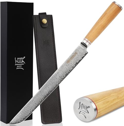 YOUSUNLONG Cuchillo Sakimaru de 279 mm Sashimi Sushi Knife - Cuchillo de filete de acero damasco martillado japonés - Carne, pescado, salmón - Mango de madera de olivo italiano con funda de cuero