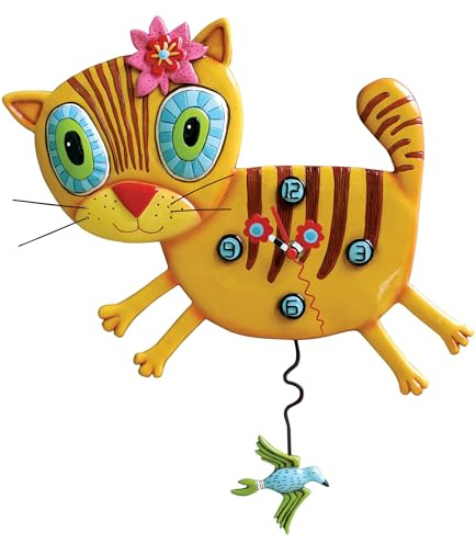 Enesco Allen Designs Kimi The Kitty with Flowers Sculpted Pendulum Wall Clock, 11.5 Inch, Orange
