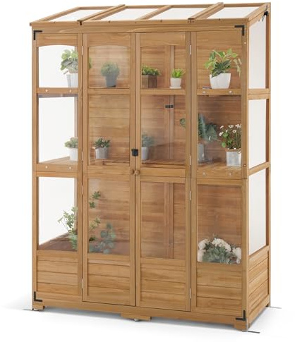MCombo Wooden Greenhouse, Walk-in Outdoor Greenhouse with Openable Roof and Lockable Door, 0899 (Natural)