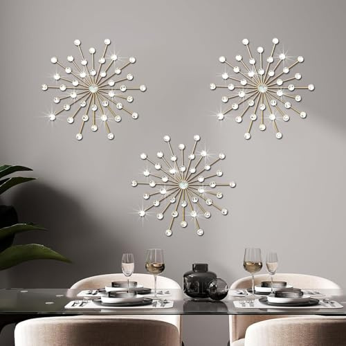 ZEXUIRU Set di 3 decorazioni da parete in metallo dorato con strass, decorazione per la casa, stella, sole, da appendere alla parete