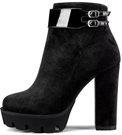 Castamere Femmes Bloc Chunky Plate-forme Haut High Talon Heel Fermé Rond Bout Bottines Fermeture à Glissière Classique Bottes Noir 37 EU