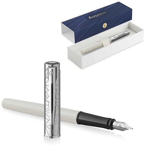 Waterman Allure Deluxe Engraved Fountain Pen | Gift for Men and Women | Inspired by Paris Fashion | Personalised | Engraved | Blue Ink (White, Fountain Pen)