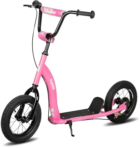 JOYSTAR Kick Scooter for Kids 5+ Teens & Youth, Lightweight Kids Scooter with Adjustable Handlebar, 2 Wheel Scooter for Boys & Girls, 12 Inflatable Wheels Rear Drum Brakes, Pink