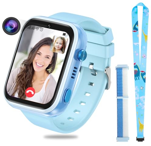 OKYUK 4G Smartwatch für Kinder, GPS-Tracker, mehrere Desktop-Stile zur Auswahl, Zwei-Wege-Anrufe, Bildkompetenz, SOS, WLAN, wasserdichter Touchscreen für 4–12 Jungen und Mädchen (Blau) (T45 Blau)