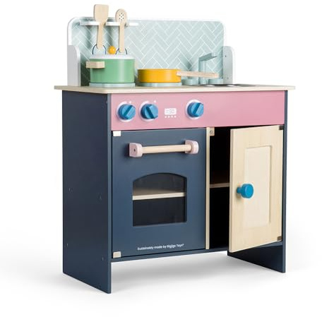 Bigjigs Toys Simply Scandi Play Kitchen - Wooden Kids Playset with 4 Piece Utensils, Oven, Hob & Sink, Realistic Toy Kitchens For Toddlers, Sustainable & Eco Friendly Gifts, 3 Years +