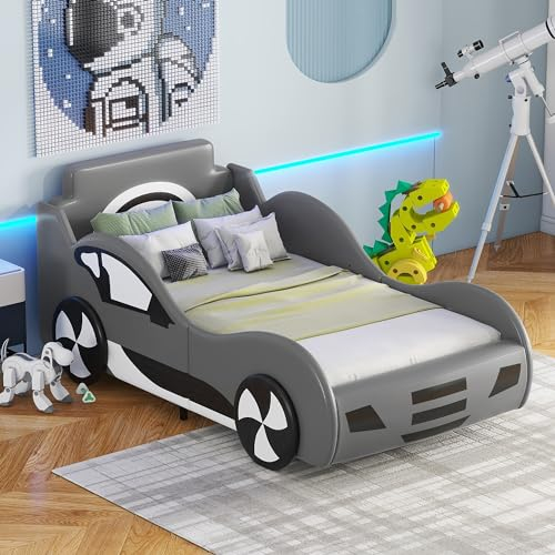 MYBOO Autobett Kinderbett 90x200, Bett mit Lattenrost und Unterbettstauraum, Kinder Spielbett Jugendbett Aufregendes Auto Kinderbett für kleine Rennfahrer Jungen und Mädchen, PU, Ohne Matratze, Grau