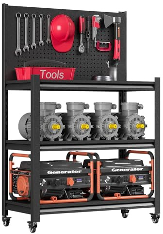 48 H Metal Garage Workbench with Pegboard,3-Tier Roling Tool Work Bench,Adjustable Heavy Duty Work Table on Wheels,Black Mobile Workstation for Garage Warehouse Workshop,Screwless Design