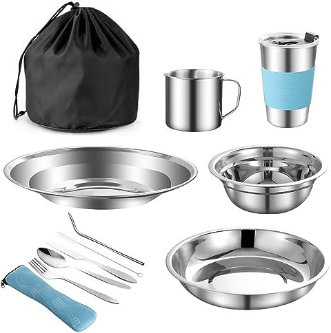 Set di posate da campeggio, 10 pezzi, in acciaio inox, per 2 persone, posate da viaggio, per escursioni e picnic, colore: blu