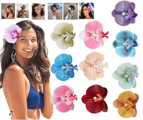 10 pinzas para el cabello de flores,Hawaianas,Horquillas bohemias con orquídea mariposa, pinza para el cabello clip de flores para vacaciones, fiestas en la playa