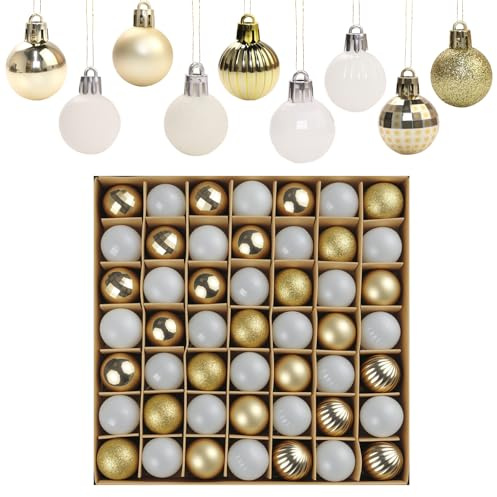 MTKN Lot de 49 Boules de décoration 3 cm Blanc et Or avec Crochet pour Sapin de Noël et décoration Festive
