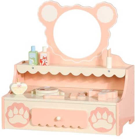 Areyourshop Little Girls' Makeup Table with Mirror,Kids Vanity Set with Storage Drawer,Toddler Pretend Play Vanity Desk with 8 Makeup Accessories,Princess Vanity for 3+ Years Old Kids