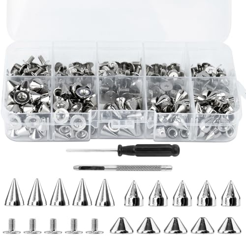 TAIANJI 150 Stück Nieten Set, Punk Ziernieten Schraubnieten Spitz konisch Studs für Kleidung Lederhandwerk, für Punk-Fans Felsen Gürtel, Jacken, Taschen, Leder Kleidung (Silber)