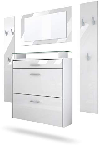 Vladon Garderobe Malea, Garderobenset bestehend aus 1 Hängeschuhschrank, 1 Wandspiegel und 2 Garderobenpaneele, Weiß matt/Weiß Hochglanz