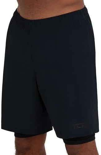TCA Ultra Sporthose Herren kurz 2 in 1 mit Tasche - Kurze Sport Shorts Trainingshose mit Taschen - Laufhose mit Kompressions Innenhose und Reißverschluss Handytasche - Schwarz, XL