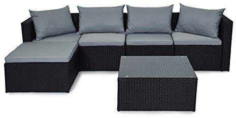 EVRE Miami Black Outdoor Rattan Garden Furniture Set for Patio Conservatories with 5 seat Modular Sofa Glass Top Coffee Table Foot Stool Cushions and Fade Resistance (Black)