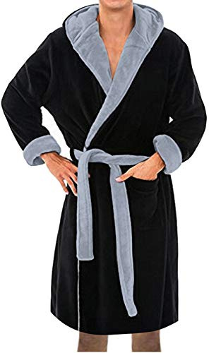 PANGF Robe de Chambre Homme avec Capuche Épaisse Agréablement Douce en Coton 100% pour Sauna, Pyjama de Nuit pour Homme, Grande Taille, avec Poche, Ceinture, en Flanelle, Tailles S-5XL (03-Noir, S)