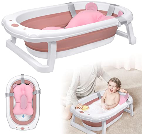 LARS360 Faltbare Babywanne Babybadewanne 82cm Große Wanne mit Badematte und Ablauflöchern Stabiles PP & TPE Plastik Rutschfest Hitzebeständige Platzsparend Für Neugeborene Babys ab 0 Monaten (Rosa)