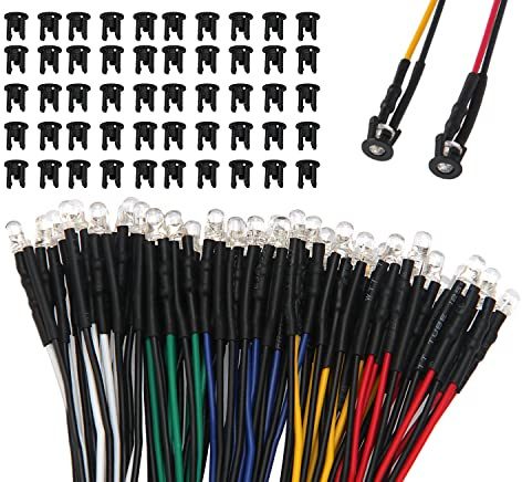 Lyeteung 50 Stycken 3mm 12V Förtrådda LED Dioder Ljus, Vit Röd Gul Blå Grön, 20cm Förtrådda LED Lysdioder + 50 Stycken 3mm Plast LED Hållare