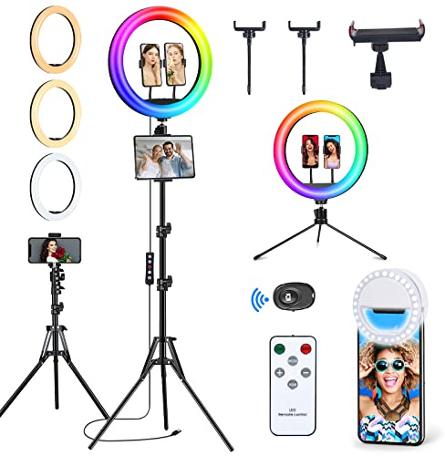 𝗡𝗲𝘄𝗲𝘀𝘁 13 Selfie Ring Light with 63 Stand and 3 Phone Holder, 53 Lighting Modes, iPad Holder, Remote, Desk Tripod, RGB Ringlight for iPhone. Vlogging Circle Led Halo Light Photo Video Kit