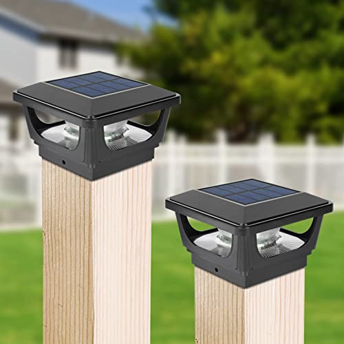 GEYUEYA Home Solar-Pfostenkappenleuchten für den Außenbereich, IP65 wasserdicht, Solar-Zaunpfostenleuchten für 7,6 x 7,6 cm, Holzpfosten, Deck, Terrasse, Garten, Hof, Dekoration, 2 Stück, schwarz