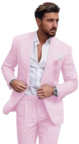 Wangyue Linen Suit - Slim Fit Men's Pink Wedding/Prom Summer Suit, 3XL