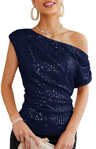 GRACE KARIN - Top Donna Elegante con Paillettes per Festa, Top Avvolgente con Ruches e Glitter, Blusa Scintillante, Blu scuro, M