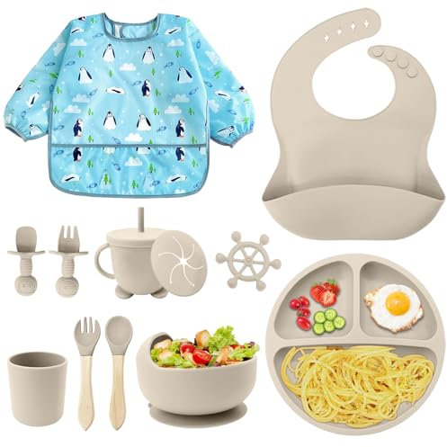 NATNAV Baby Geschirrset Silikon 11Stück Rutschfest Kindergeschirr Set mit Saugnapf,BPA Frei Esslernbesteck Sets mit Löffel Gabel Schüssel Lätzchen Becher Trinklernbecher Teller Beißstab Kittel Beige