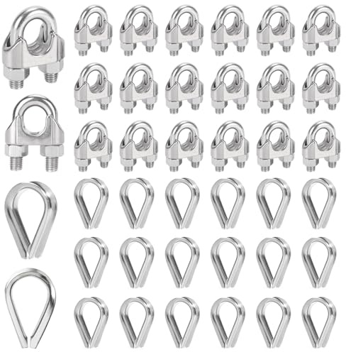 Idota 20 Piezas Abrazaderas para Cable Acero M3 e 20 Piezas Guardacabos de Acero, Clips de Cuerda de Cable Adecuado para Alambre de Ø 3 mm