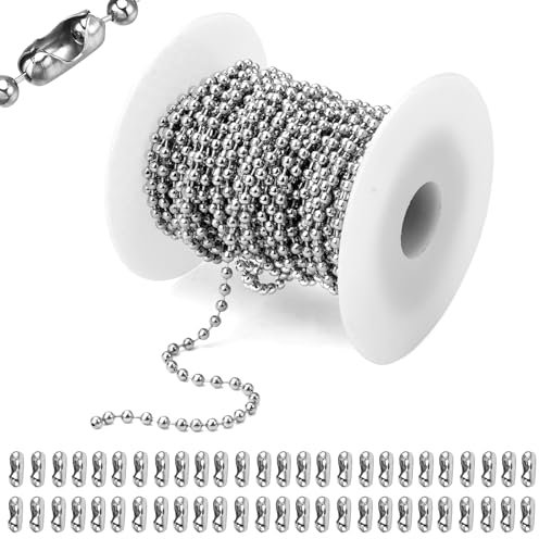 10m Chaine a Billes en Acier Inoxydable, Rouleau Chainette à Bill avec 50 Connecteurs, Chaîne à Billes, Chaîne d'Extension Perlée, Chaîne à Perlée pour Fabrication de Bijoux, Pendentif DIY Collier