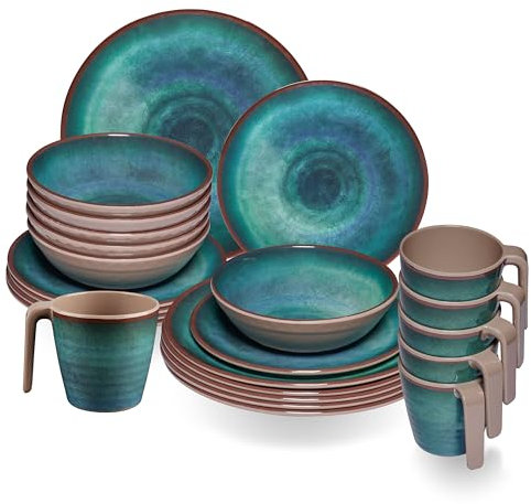 Melamin Geschirr Set Jesolo Grün für 6 Personen - 24 Teile - mit Tassen Steingutoptik Spülmaschinengeeignet Campinggeschirr Wohnwagen Camping Festival